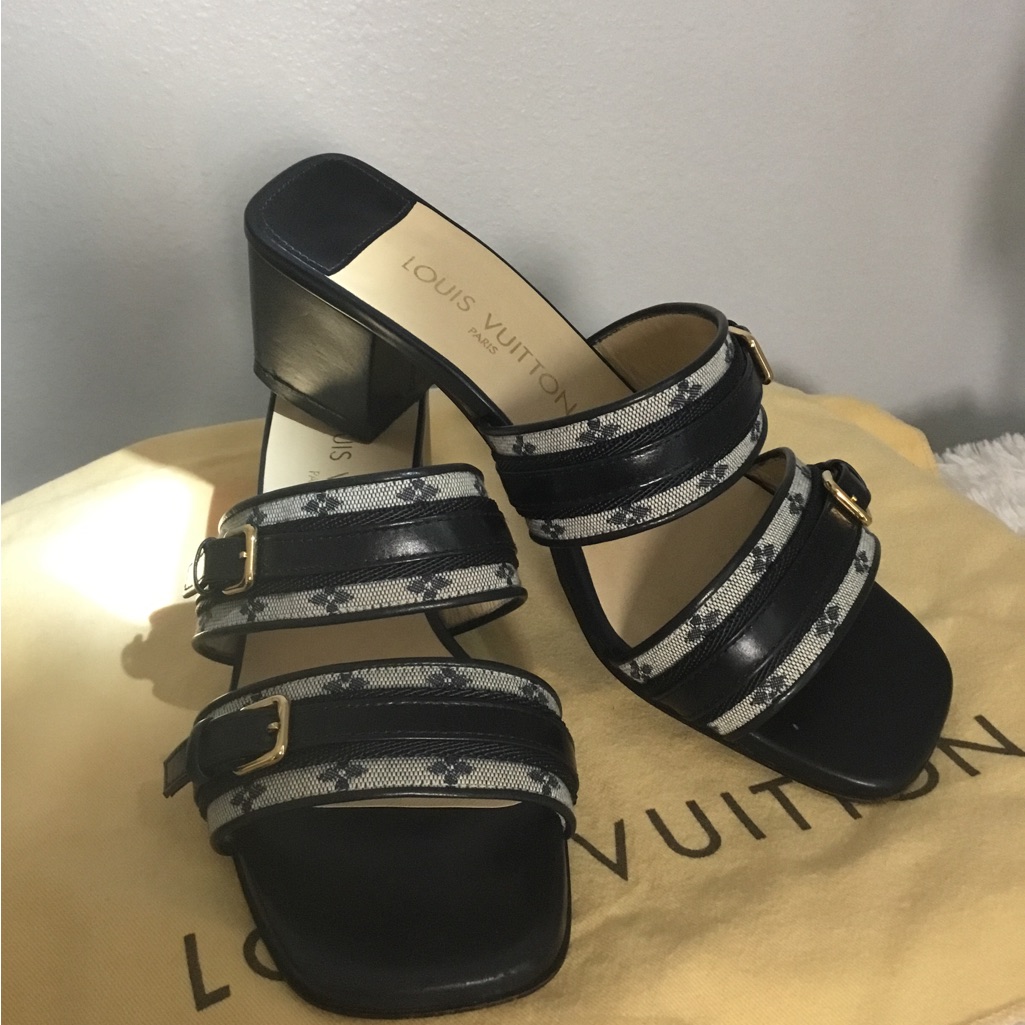 Louis Vuitton Black Monogram Canvas Strappy Block Heel Sandals
